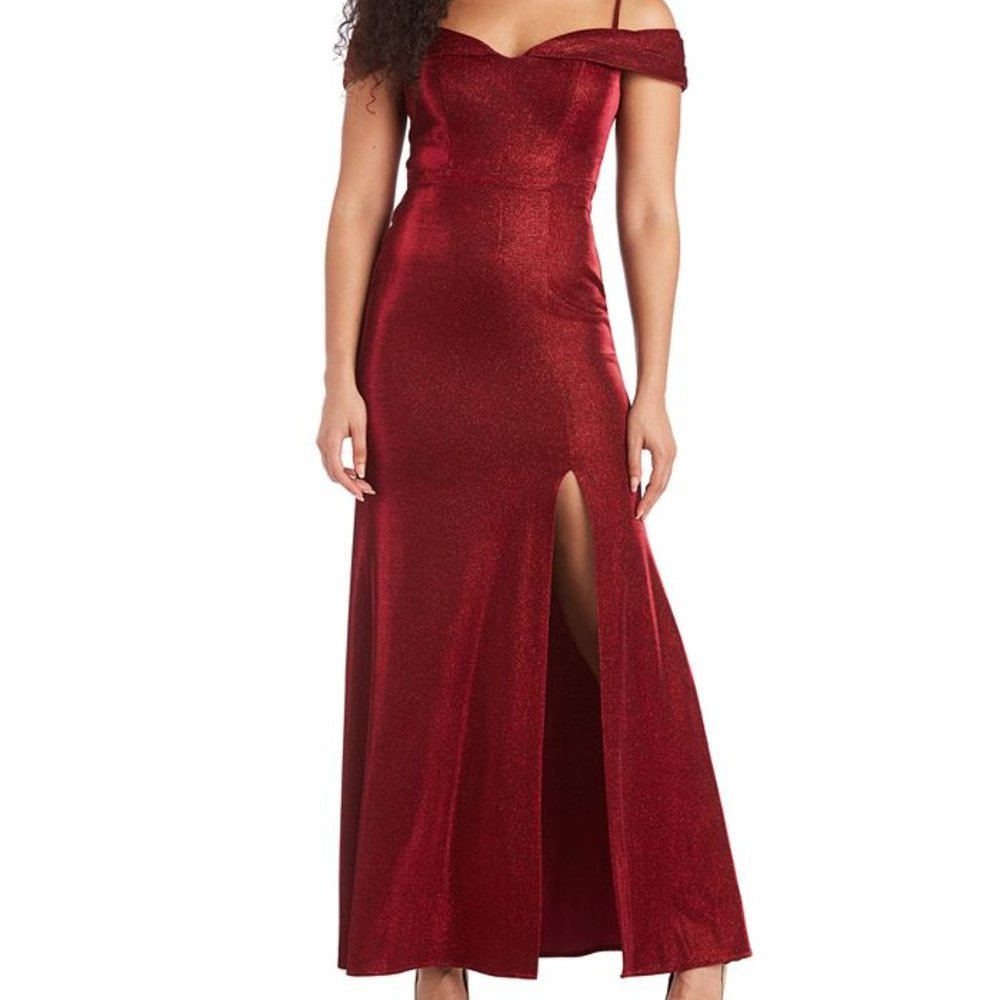Morgan & Company Off Shoulder Glittery Red Maxi Dress with a slit